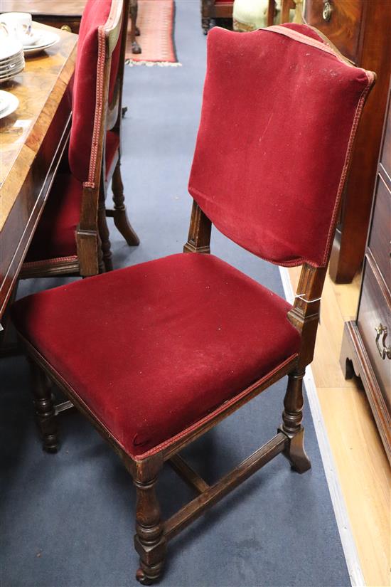 A set of six oak red velvet upholstered chairs
